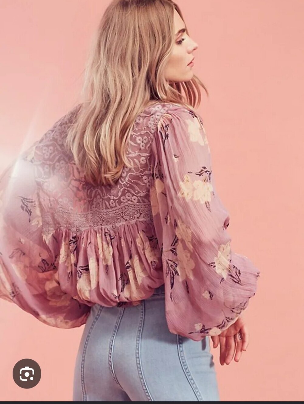 Free People Dusty Pink Floral Lace Yoke Peasant Blouse
